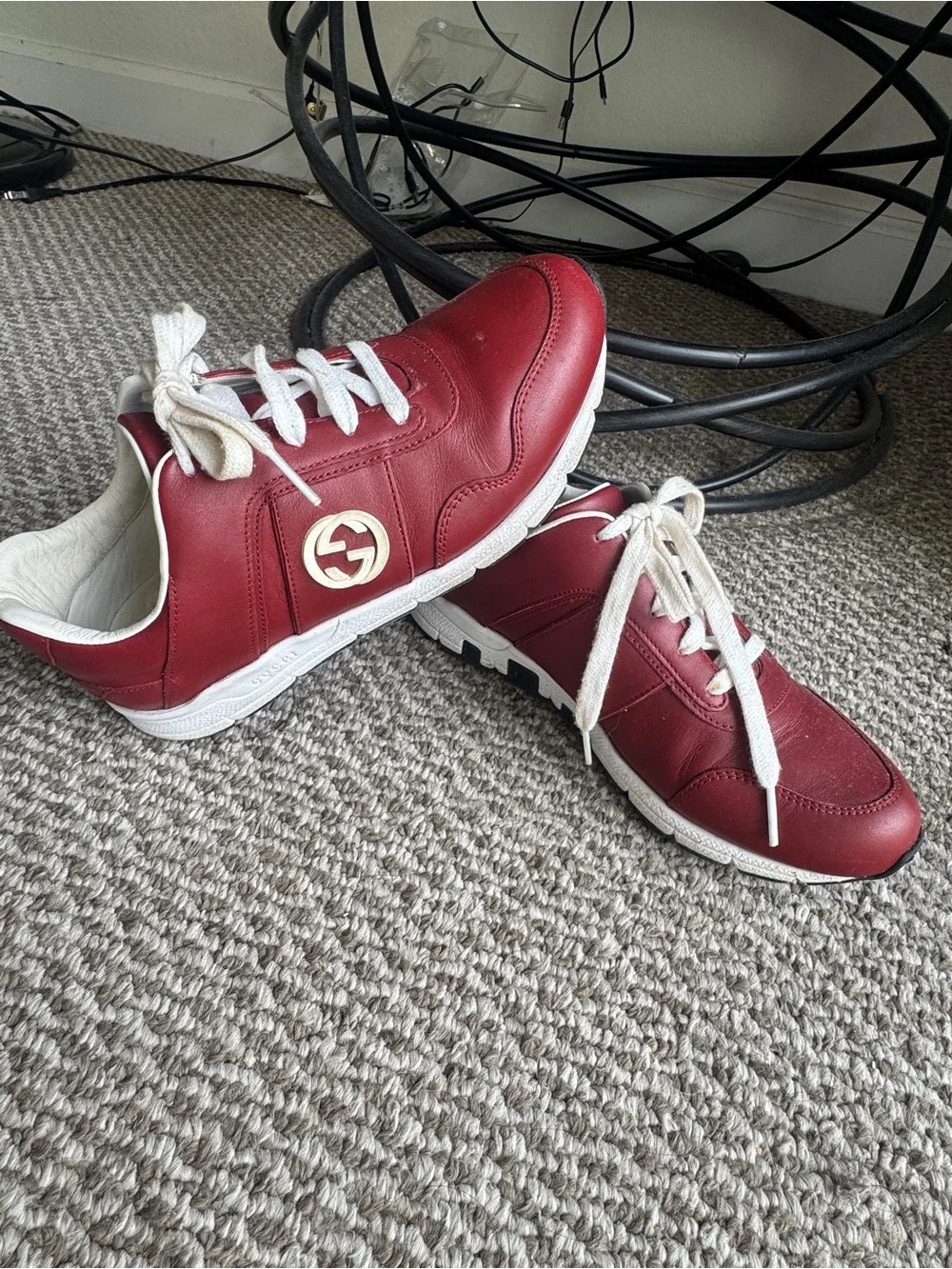 Gucci Men’s Burgundy Leather Sneakers with White Accents